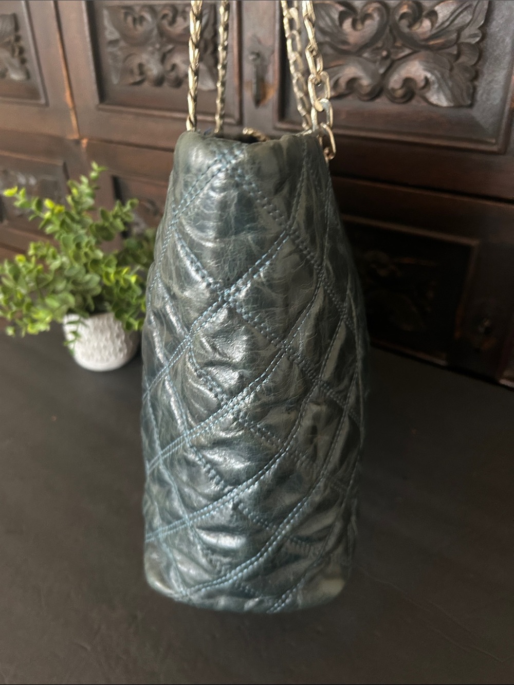Beautiful Quilted Dark Green Leather Tote with Chain Straps - Picture 5 of 17